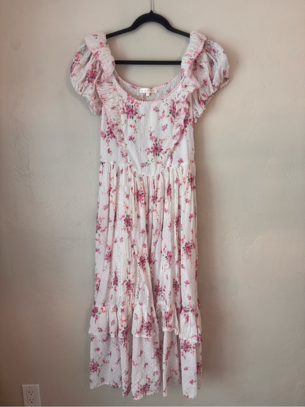 LoveShackFancy Pink Floral Maxi Dress with Ruffle Shoulders